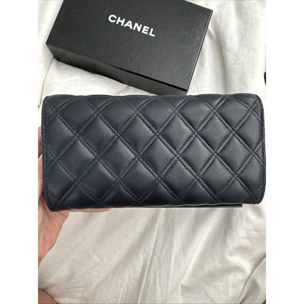 CHANEL Logo Navy Silver Toe Double Stitch Long Wallet W/box - Picture 11 of 16